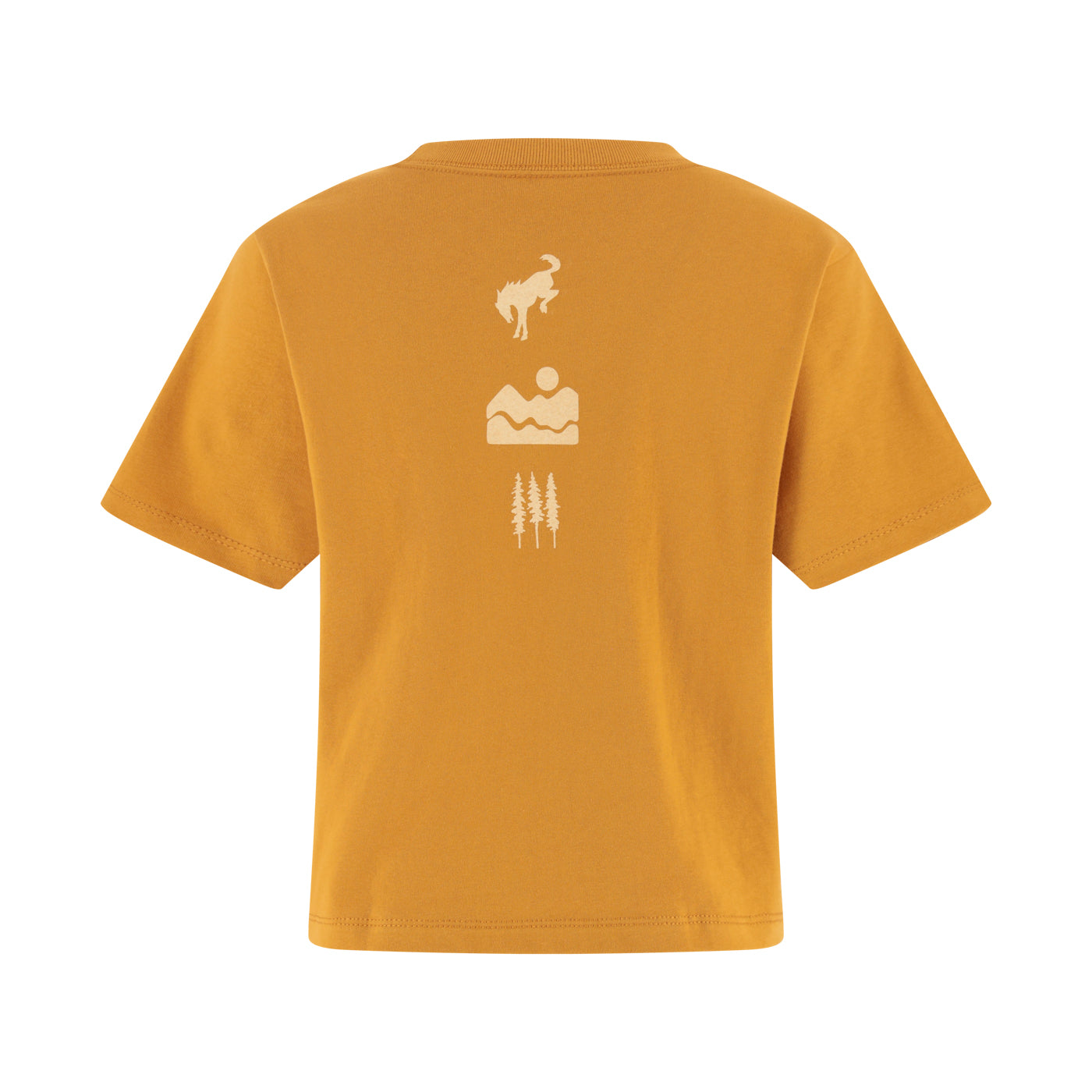Yellow t-shirt with nature-themed graphics on a white background