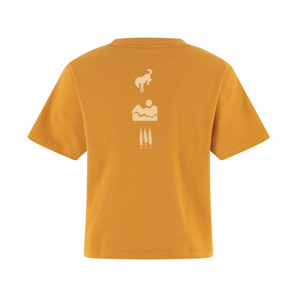 Yellow t-shirt with nature-themed graphics on a white background
