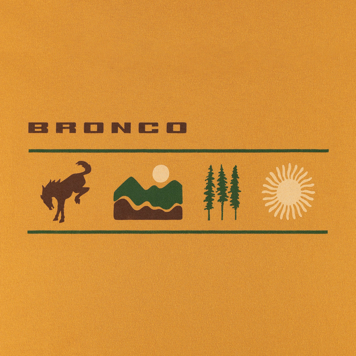 Bronco logo with horse, mountains, trees, and sun on a mustard yellow background
