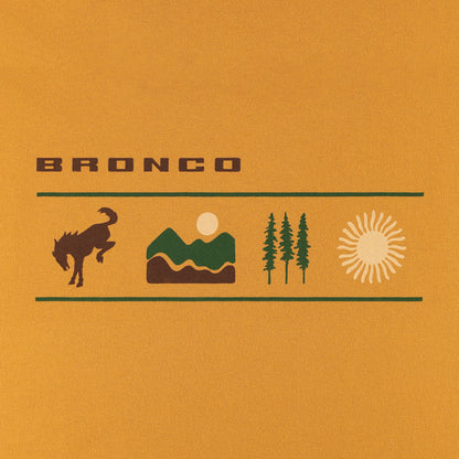 Bronco logo with horse, mountains, trees, and sun on a mustard yellow background
