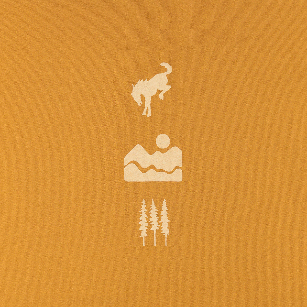 Simple illustrations of a horse, mountain, and trees on an orange background
