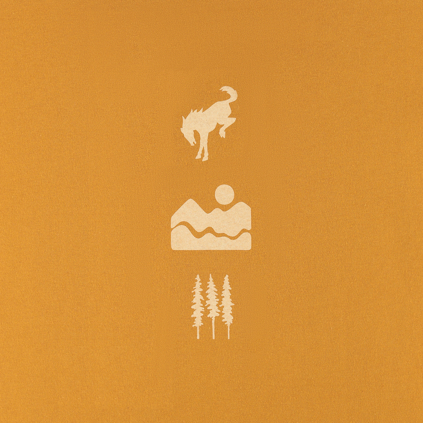 Simple illustrations of a horse, mountain, and trees on an orange background