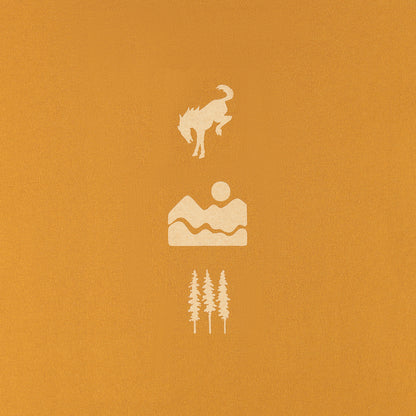 Simple illustrations of a horse, mountain, and trees on an orange background