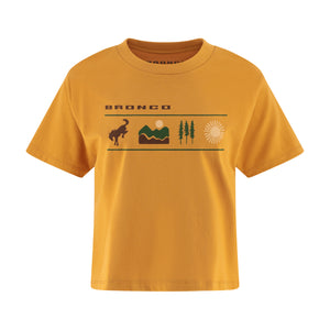 Yellow t-shirt with graphic design and 'Bronco' text on a white background