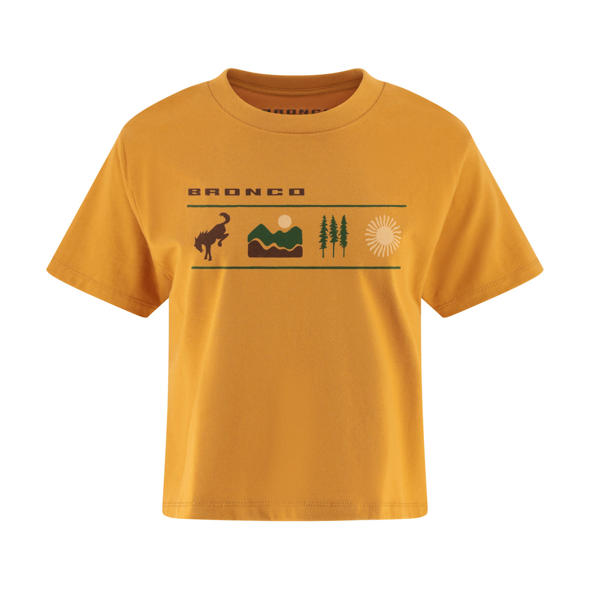 Yellow t-shirt with graphic design and 'Bronco' text on a white background