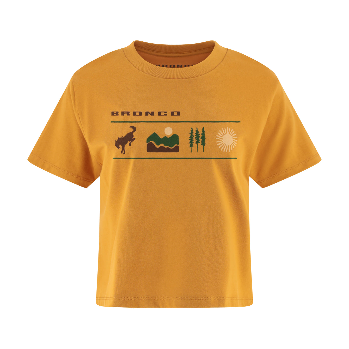 Yellow t-shirt with graphic design and 'Bronco' text on a white background