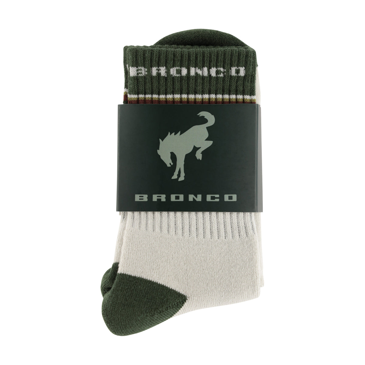 Green and white sock with 'Bronco' branding on a white background