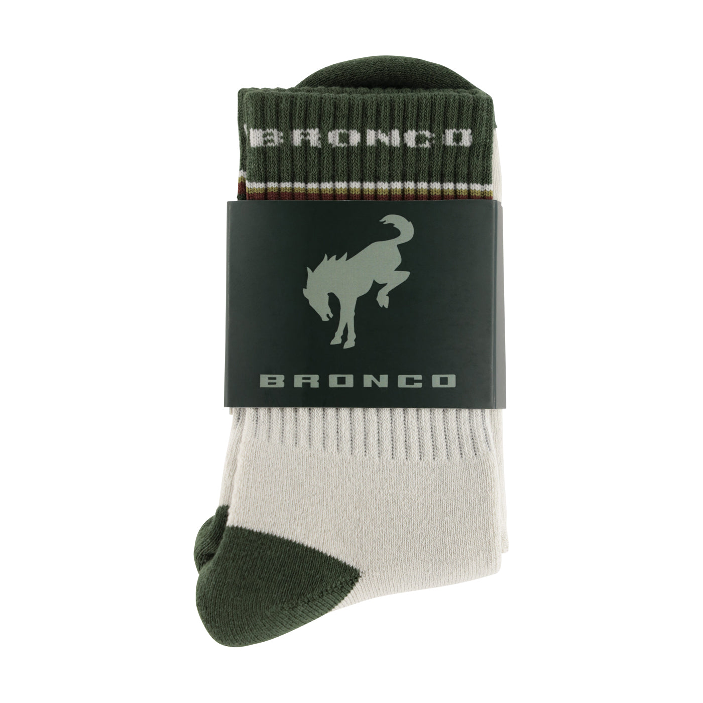 Green and white sock with 'Bronco' branding on a white background