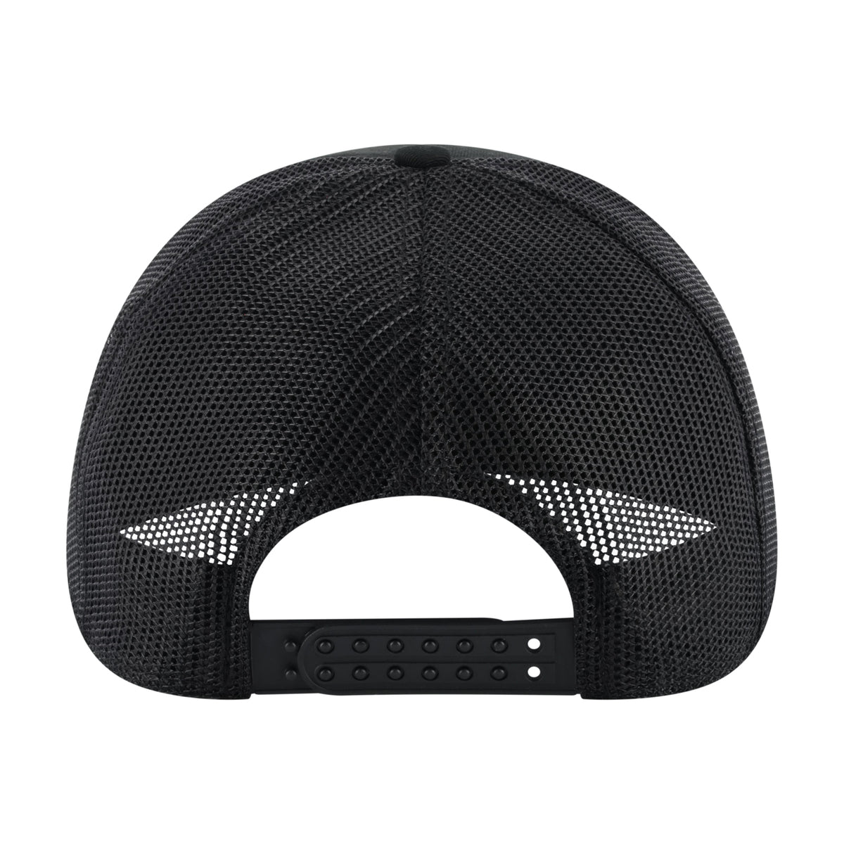 back of a black meshback snap back hat