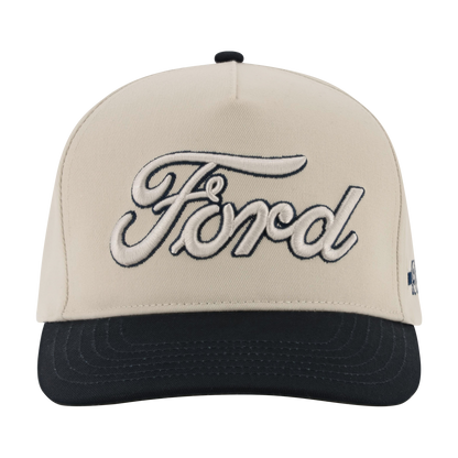 beige hat with white blue outlined Ford script and 1903 script on the side with a navy blue bill