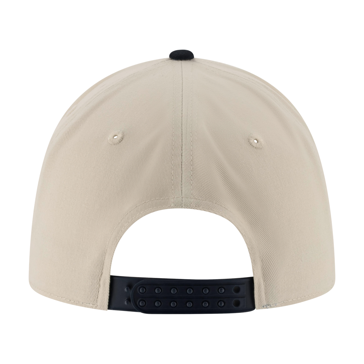 back of a beige hat with a navy blue snapback closure