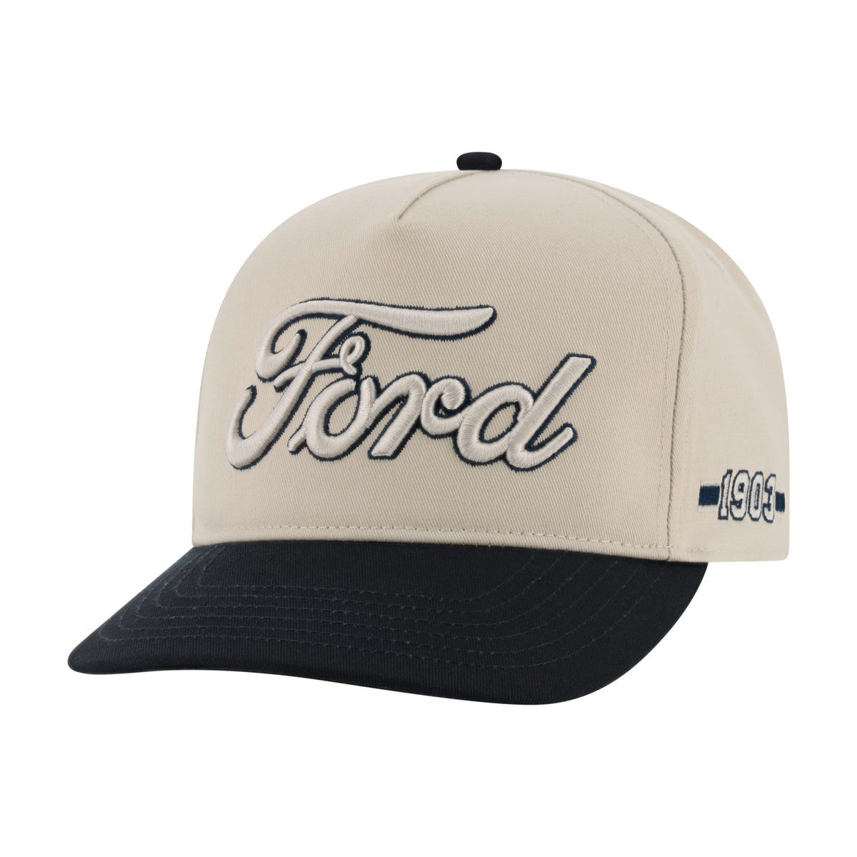 beige hat with white blue outlined Ford script and 1903 script on the side with a navy blue bill