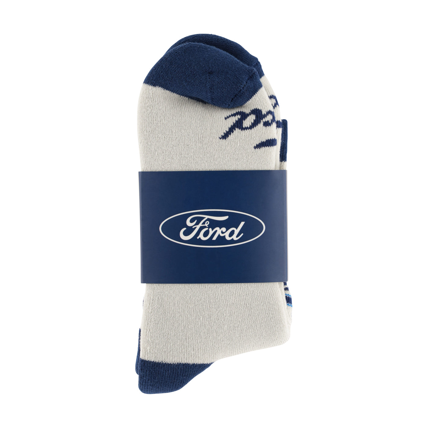 White sock with blue accents and Ford logo on a white background