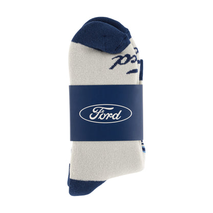 White sock with blue accents and Ford logo on a white background