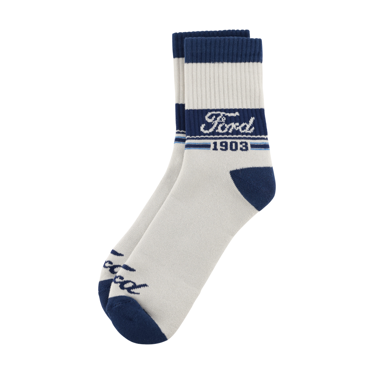White socks with blue accents featuring the Ford logo on a white background