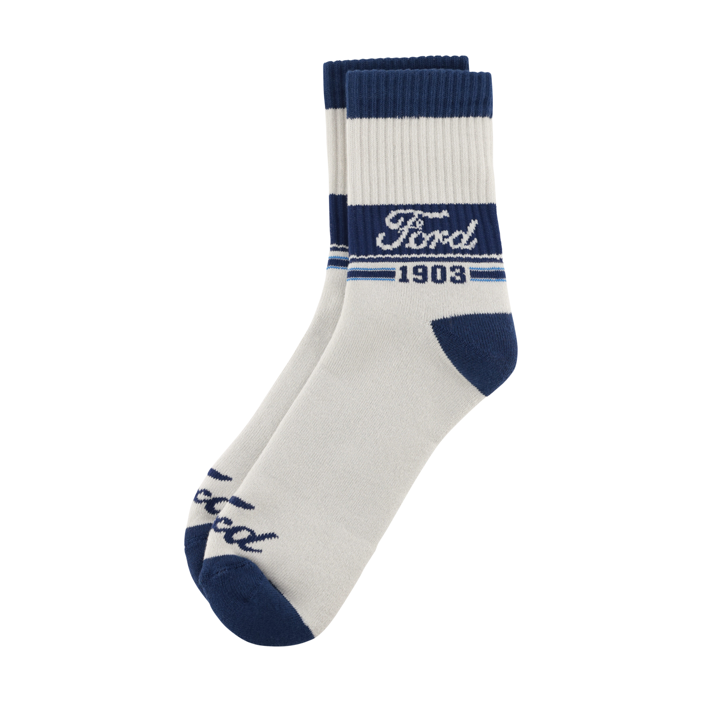 White socks with blue accents featuring the Ford logo on a white background
