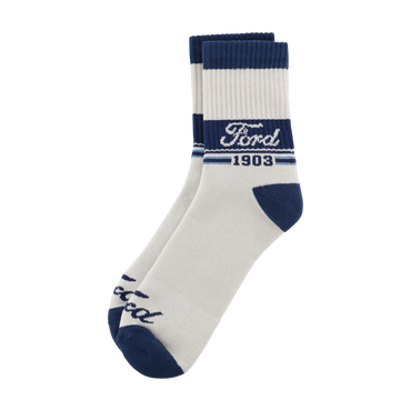 White socks with blue accents featuring the Ford logo on a white background