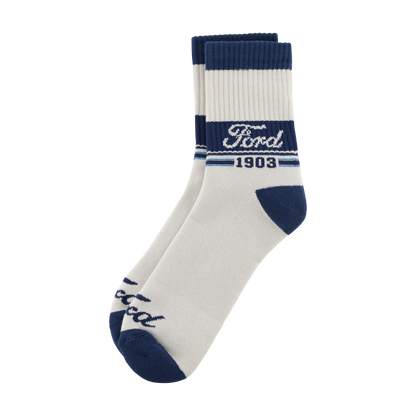 White socks with blue accents featuring the Ford logo on a white background