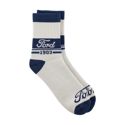 White sock with blue accents featuring Ford logo and text on a white background
