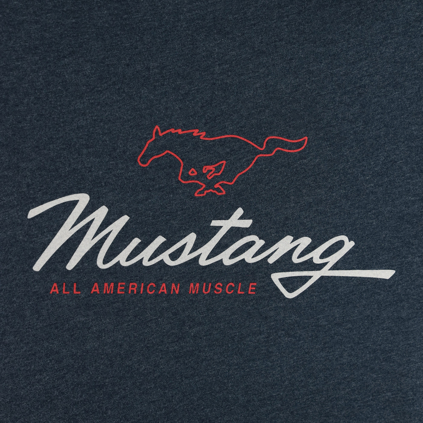 Mustang logo with red horse silhouette and 'All American Muscle' text on a dark background