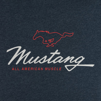 Mustang logo with red horse silhouette and 'All American Muscle' text on a dark background