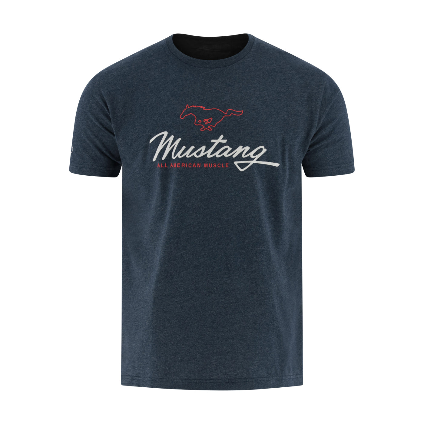 Navy blue t-shirt with red and white 'Mustang' logo on a white background