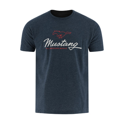 Navy blue t-shirt with red and white 'Mustang' logo on a white background