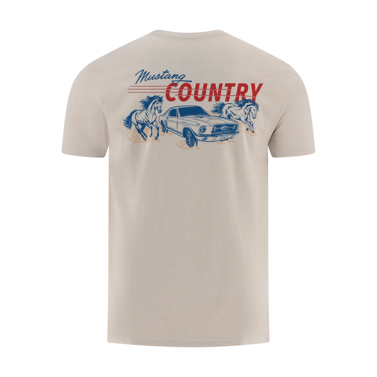 Beige t-shirt with graphic design of a car, horses, and text on a white background