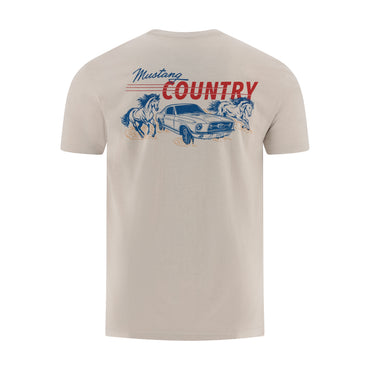 Beige t-shirt with graphic design of a car, horses, and text on a white background