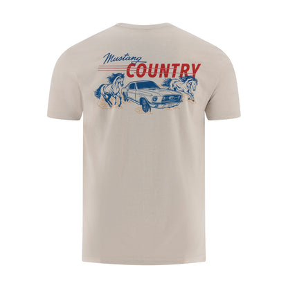 Beige t-shirt with graphic design of a car, horses, and text on a white background