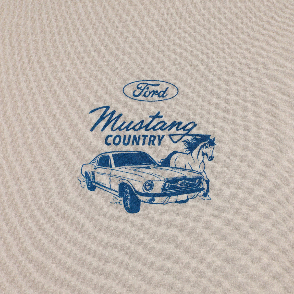 Ford Mustang Country logo with a horse on a beige background
