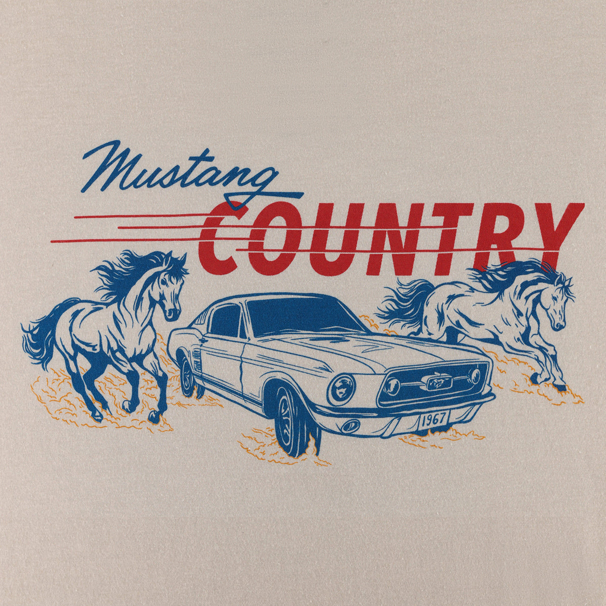 Vintage-style mustang graphic with a car and horses, featuring the text 'Mustang Country'.
