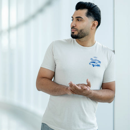 man wearing a cream Mustang country t-shirt on a white windowed background