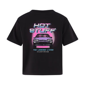 Black t-shirt with a graphic of a car and text on a white background