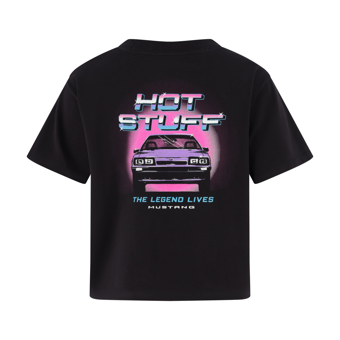 Black t-shirt with a graphic of a car and text on a white background