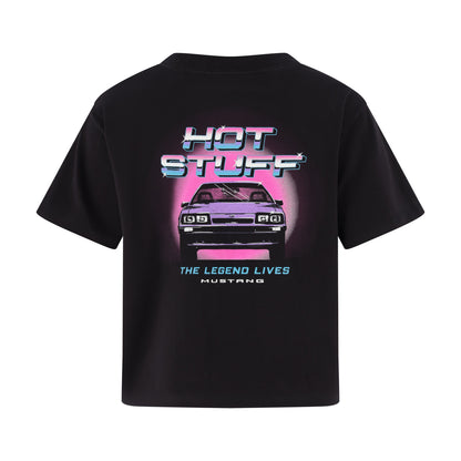 Black t-shirt with a graphic of a car and text on a white background