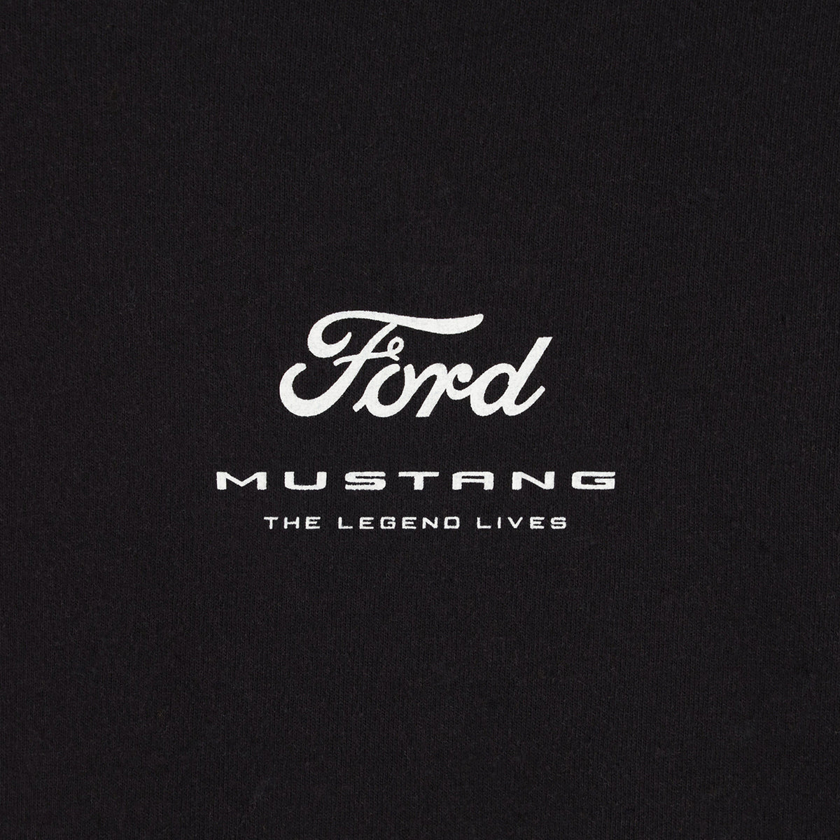 Ford Mustang logo on a black background with 'The Legend Lives' text.