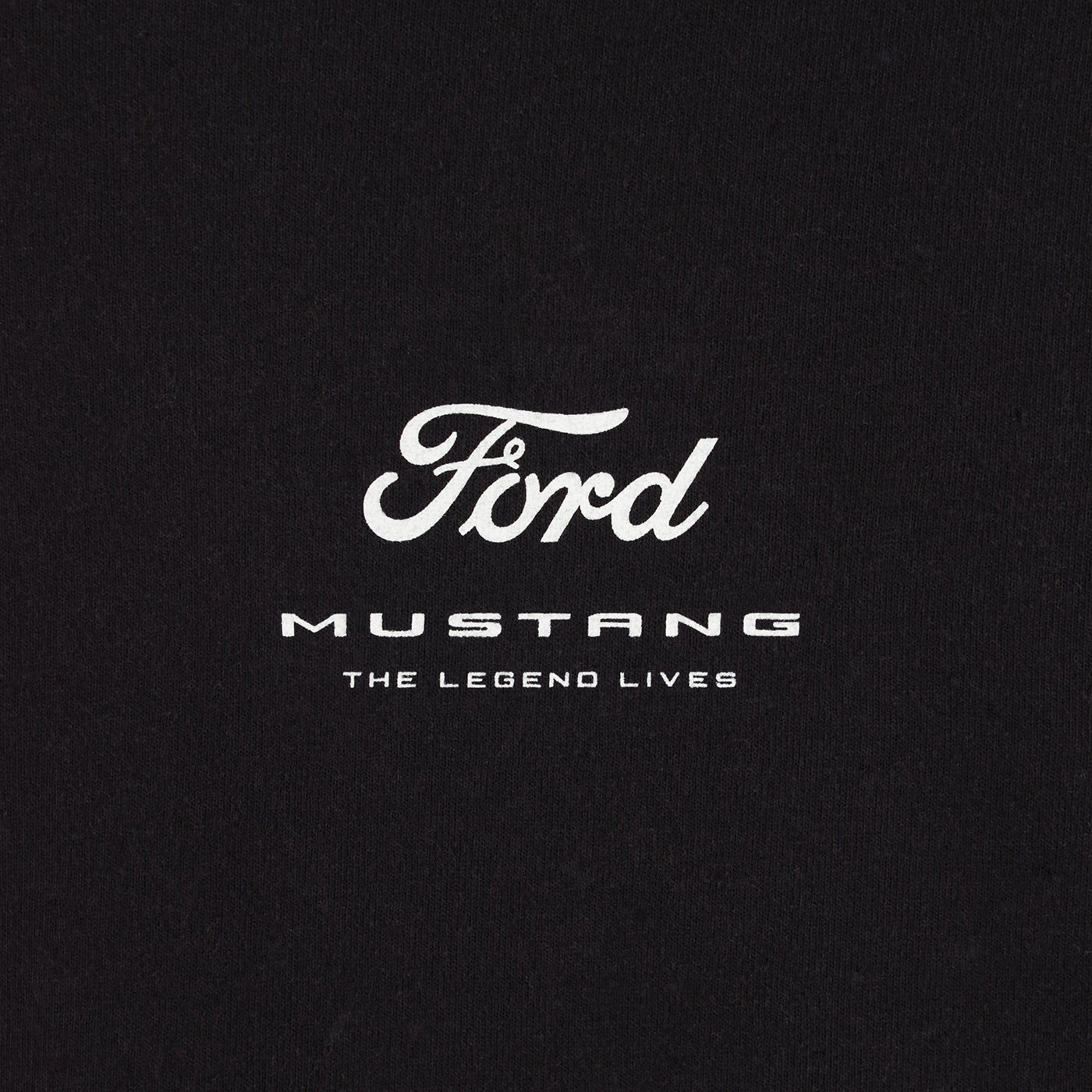 Ford Mustang logo on a black background with 'The Legend Lives' text.