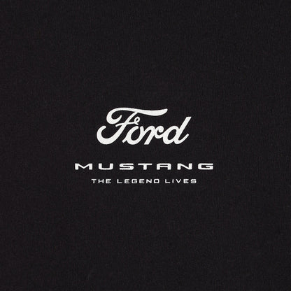 Ford Mustang logo on a black background with 'The Legend Lives' text.