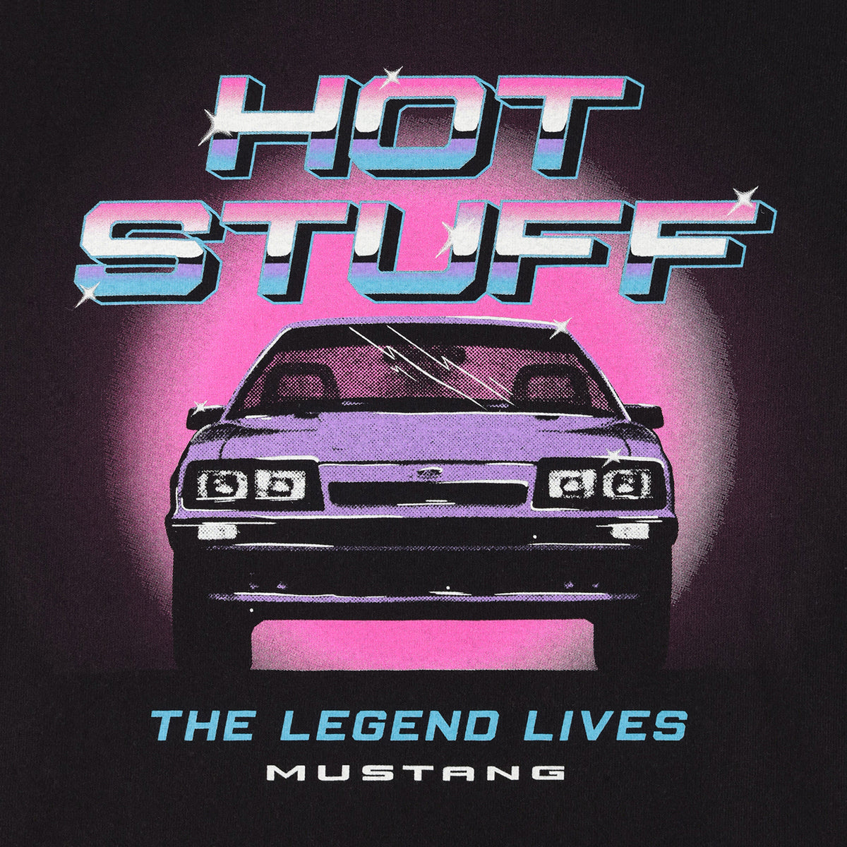 Vintage-style graphic of a car with 'Hot Stuff' text on a dark background