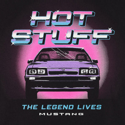 Vintage-style graphic of a car with 'Hot Stuff' text on a dark background