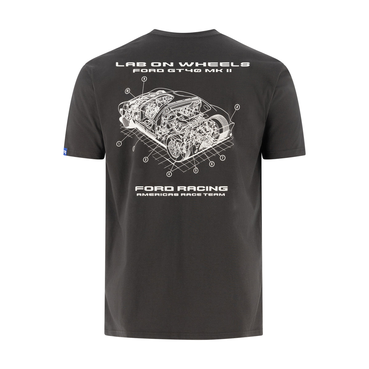 A black short-sleeve t-shirt with a white technical-style graphic of a car engine on the back, featuring the text 'LAS ON WHEELS FORD ST48 MK II' and 'FORD RACING AMERICA RACE TEAM'.