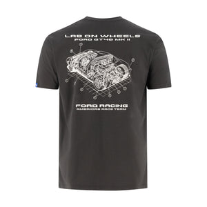 A black short-sleeve t-shirt with a white technical-style graphic of a car engine on the back, featuring the text 'LAS ON WHEELS FORD ST48 MK II' and 'FORD RACING AMERICA RACE TEAM'.