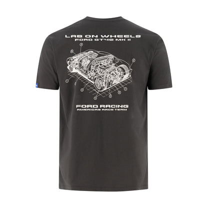 A black short-sleeve t-shirt with a white technical-style graphic of a car engine on the back, featuring the text 'LAS ON WHEELS FORD ST48 MK II' and 'FORD RACING AMERICA RACE TEAM'.