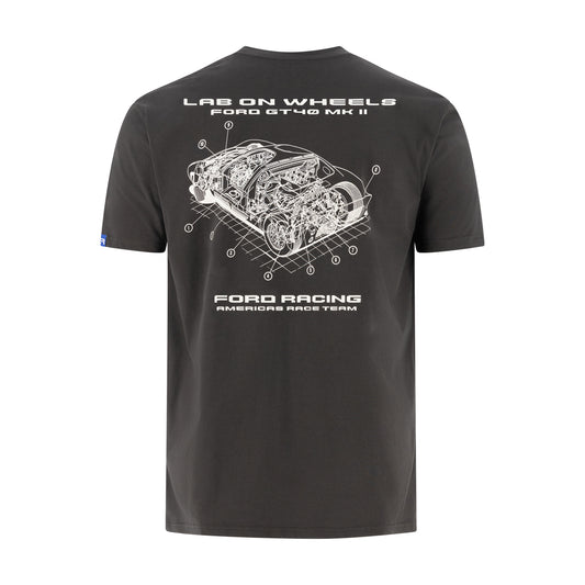 A black short-sleeve t-shirt with a white technical-style graphic of a car engine on the back, featuring the text 'LAS ON WHEELS FORD ST48 MK II' and 'FORD RACING AMERICA RACE TEAM'.