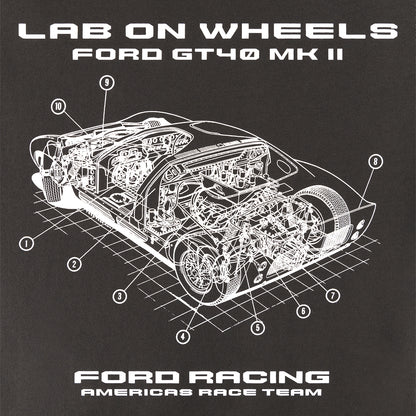A black graphic print featuring a white technical cutaway illustration of a Ford GT40 MK II car, with labeled parts and the text 'LAB ON WHEELS FORD GT40 MK II' at the top and 'FORD RACING AMERICAS RACE TEAM' at the bottom.