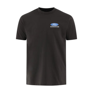 A black short-sleeve crewneck t-shirt featuring a small Ford Racing logo printed on the left chest, displayed on a clean white background.