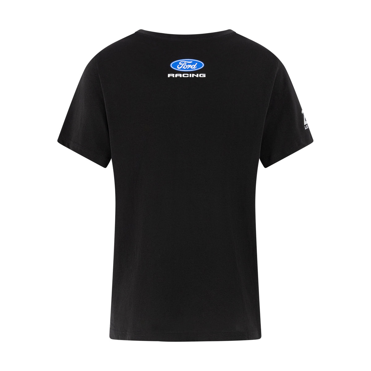 A black short-sleeve t-shirt with a blue and white Ford Racing logo printed on the upper chest, shown against a plain white background.