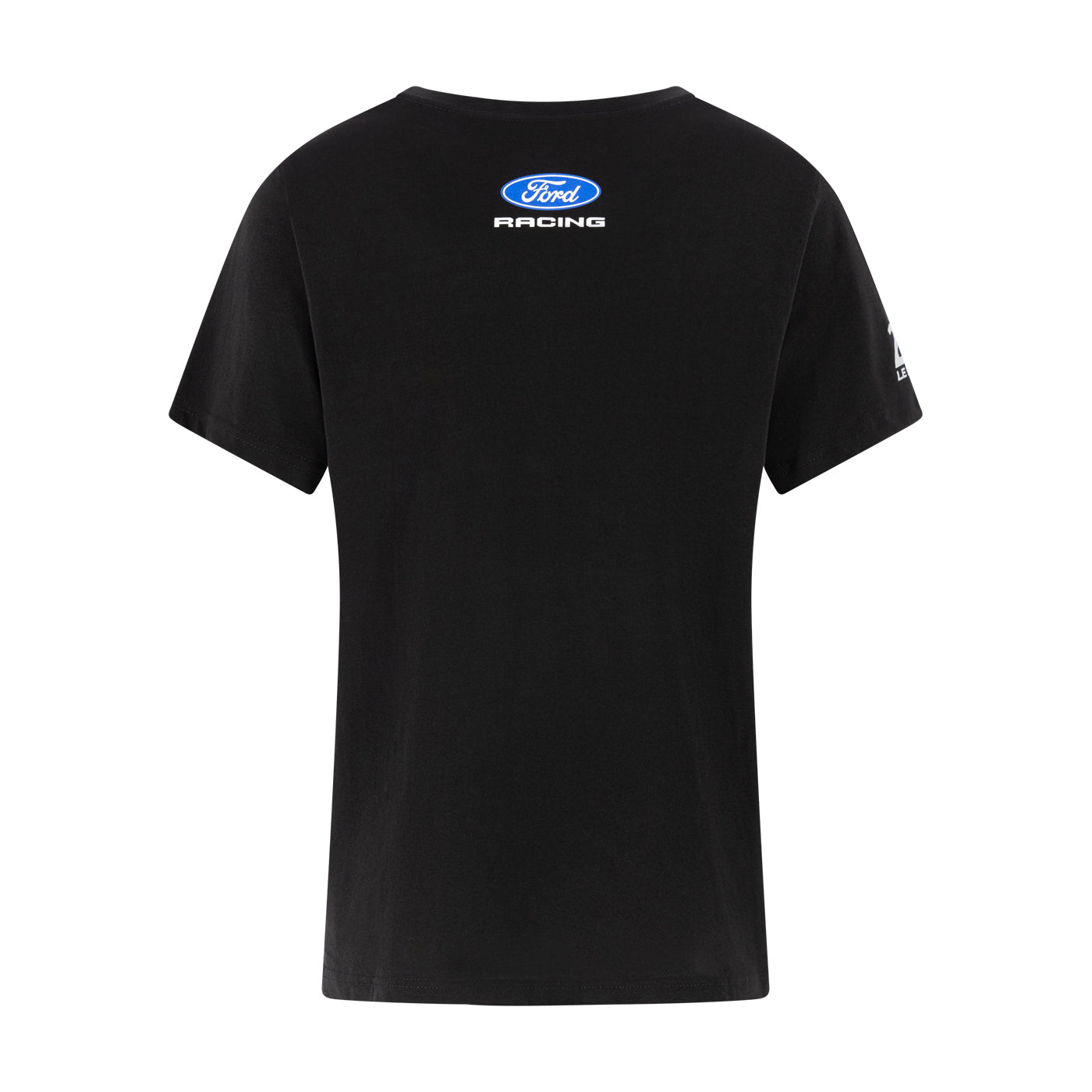 A black short-sleeve t-shirt with a blue and white Ford Racing logo printed on the upper chest, shown against a plain white background.