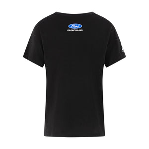 A black short-sleeve t-shirt with a blue and white Ford Racing logo printed on the upper chest, shown against a plain white background.